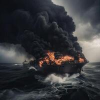 Feuer auf ein Ladung Schiff. ein Schiff Tragen verflüssigt Gas ist verschlungen im Flammen. Explosion und Feuer auf ein Gas Träger auf das hoch Meere. generativ ai. foto