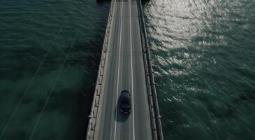 Antenne oben Aussicht Drohne Schuss von das Brücke mit Autos auf Brücke Straße Bild Transport Hintergrund Konzept. generativ ai. foto