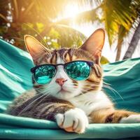 süß Katze Lügen im Hängematte auf Strand mit Palme Bäume. süß Katze auf Ferien Lügen im Hängematte auf Strand mit Palme Bäume. generativ ai. foto