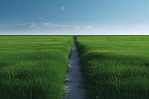 das Landschaft von Gras Felder und Blau Himmel Straße führen aus in das Distanz. generativ ai. foto