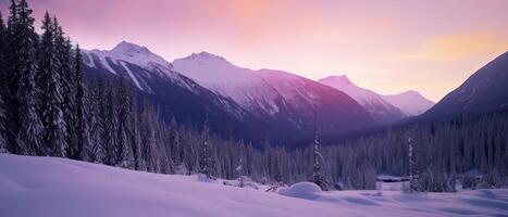 Antenne Aussicht von Flugzeug von Schnee bedeckt Berg Landschaft im Winter. bunt Rosa Himmel Kunst machen. generativ ai. foto