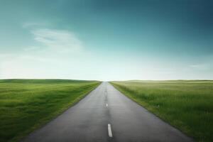 das Landschaft von Gras Felder und Blau Himmel Straße führen aus in das Distanz. generativ ai. foto