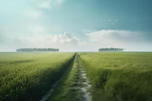 das Landschaft von Gras Felder und Blau Himmel Straße führen aus in das Distanz. generativ ai. foto