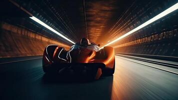 futuristisch Sport Auto auf Autobahn. mächtig Beschleunigung von ein Supersportwagen auf ein Nacht Spur mit Beleuchtung und Wanderwege. 3d Illustration. generativ ai. foto