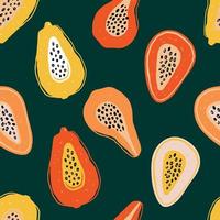 Farbmuster mit Papaya-Scheiben, Passionsfrucht auf Grün. handgezeichnete exotische Fruchtstücke im sich wiederholenden Hintergrund. fruchtiges Ornament für Textildrucke und Stoffdesigns.