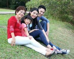 Süd-Ost asiatisch Mehrgenerationen Familie Eltern Tochter Oma Vater Mutter Kind Pose glücklich sitzen Stand draussen Park foto