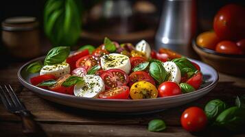 italienisch Essen Nahansicht Schüsse von Gourmet Caprese Salat mit Kirsche Tomaten, Mozzarella Käse und Basilikum auf rustikal hölzern Tisch. generativ ai. foto