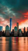 Neu York Stadt, niedriger Manhattan im Vorderseite von Wasser während tolle Sonnenuntergang. generativ ai Technologie. foto