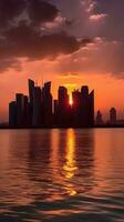 Wolkenkratzer von Doha, Katar im Vorderseite von das Westen Bucht während Sonnenuntergang oder Sonnenaufgang. tolle Tourist Ziel, generativ ai Technologie. foto