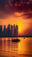 Wolkenkratzer von Doha, Katar im Vorderseite von das Westen Bucht während Sonnenuntergang oder Sonnenaufgang. tolle Tourist Ziel, generativ ai Technologie. foto