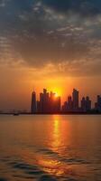 Wolkenkratzer von Doha, Katar im Vorderseite von das Westen Bucht während Sonnenuntergang oder Sonnenaufgang. tolle Tourist Ziel, generativ ai Technologie. foto