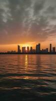 abu Dhabi Horizont Gebäude im Vorderseite von Meer während Sonnenuntergang oder Sonnenaufgang, tolle Tourist Ziel. generativ ai Technologie. foto