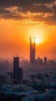 tolle Sonnenuntergang oder Sonnenaufgang Aussicht Über das Wolkenkratzer Gebäude im Saudi Arabien. generativ ai Technologie. foto