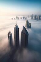 atemberaubend Foto von Dubai unglaublich hoch Wolkenkratzer entstehenden von dick Schicht von Nebel. generativ ai Technologie.