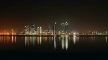 abu Dhabi VAE Horizont reflektieren im das Wasser während Nacht Zeit. tolle Dubai Tourist Ziel, generativ ai Technologie. foto