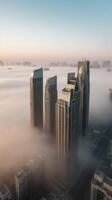 atemberaubend Foto von Dubai unglaublich hoch Wolkenkratzer entstehenden von dick Schicht von Nebel. generativ ai Technologie.