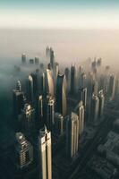 Antenne Sicht, Mega hoch Wolkenkratzer von Dubai bedeckt im früh Morgen während Nebel Zeitraffer. generativ ai Technologie. foto