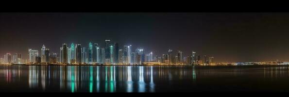 abu Dhabi VAE Horizont reflektieren im das Wasser während Nacht Zeit. tolle Dubai Tourist Ziel, generativ ai Technologie. foto