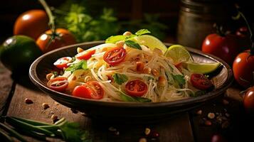 thailändischer Stil, Grün Papaya Salat im Bambus oder Keramik Schüssel und frisch Zutaten auf hölzern Tisch. Essen Fotografie, generativ ai Technologie. foto