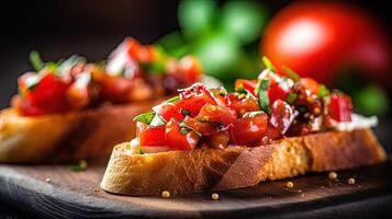 Italienisch Essen Nahansicht von frisch gebacken Bruschetta auf rustikal Tisch. generativ ai. foto