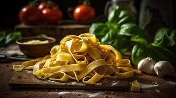 Italienisch Essen Kochen Bild von Fettuccine Gericht Zutaten Anordnung auf rustikal Tisch, Nahansicht Sicht. generativ ai. foto