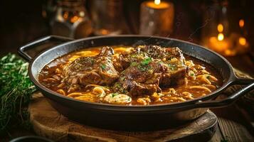 Italienisch Essen Bild von lecker Markknochen Gericht Eiche mit Verbrennung Kerze auf hölzern Hintergrund zum Kerze Licht Nacht Abendessen, schließen oben Sicht. generativ ai. foto