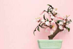 künstlich Sakura Bonsai Baum auf Keramik Topf mit Rosa Hintergrund. Glas Kirsche blühen zum Zuhause Dekor. Frühling Blume Ast im Scandi Stil Innere. Hygge Design. Zen, entspannen Konzept. Kopieren Raum foto