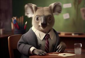 Porträt von ein anthropomorph Koala gekleidet wie ein Schüler im ein Klassenzimmer. generieren ai. foto