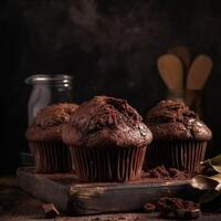 Süss köstlich Schokolade Kuchen Kakao Muffin ai generiert foto