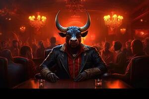 Stier Gangster im rot Neon- Bar Illustration generativ ai foto