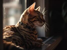 das kontemplativ Bengalen Katze auf ein Fenster Leiste foto