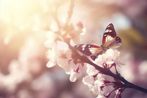 Frühling Banner, Geäst von blühen Kirsche gegen das Hintergrund von Blau Himmel, und Schmetterlinge auf Natur draußen. Rosa Sakura Blumen, verträumt romantisch Bild Frühling, Landschaft, ai generativ foto