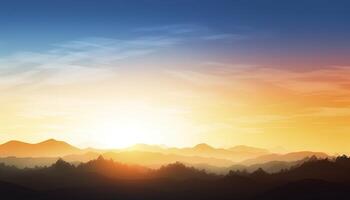 Sonnenaufgang Über Grün Wald mit Berge und Fluss Hintergrund generativ ai foto