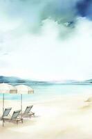 schön Strand Banner. Weiß Sand, Stühle, und Regenschirm Reise Tourismus breit Panorama Hintergrund Konzept. tolle Strand Aquarell Landschaft Aquarell malen, generieren ai foto