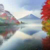 bunt Herbst Jahreszeit und Berg Fuji mit Morgen Nebel und rot Blätter , erzeugen ai foto