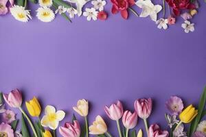 mehrfarbig Frühling Blumen auf lila Hintergrund , generieren ai foto