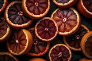 viele Scheiben von saftig Blut Orange Früchte wie Hintergrund, generieren ai foto