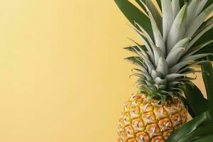 schön Ananas auf tropisch Palme Monstera Blätter isoliert auf hell Pastell- Gelb Hintergrund, oben Sicht, eben legen, Overhead über Sommer- Frucht. , generieren ai foto