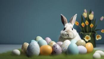 süß Hase mit schick Ostern Eier auf Gras , generativ ai foto