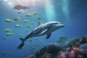 Delfine Schwimmen im das unterseeisch, schön unter Wasser und bunt Koralle im das wild Natur von das Pazifik Ozean, generieren ai foto