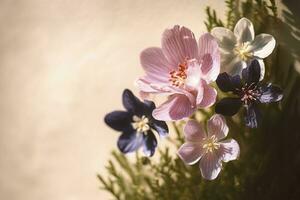 schön Frühling Grenze, Blühen Rose Busch. blühen Rose Hüften gegen auf Mauer. Sanft selektiv Fokus, generieren ai foto