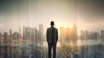 Geschäft Mann Stehen zurück während Sonnenaufgang Overlay mit Stadtbild Illustration ai generativ foto