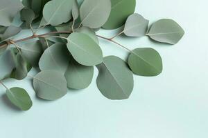 natürlich Eukalyptus Blätter auf Minze Pastell- Grün Hintergrund. eben legen Blumen- Komposition, oben Sicht, Kopieren Raum, generieren ai foto