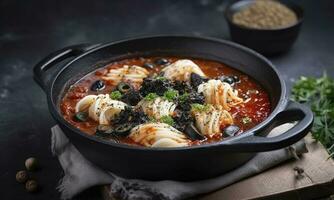 traditionell Italienisch Spaghetti al Nero di seppia mit Tintenfisch Tinte im Tomate Soße serviert wie Nahansicht im ein Gusseisen schwenken auf ein hölzern Planke, generieren ai foto