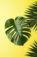 schön tropisch Palme Monstera Blätter Ast isoliert auf Pastell- Gelb Hintergrund, oben Sicht, eben legen, Overhead über Sommer- Schönheit leer Design Konzept , generieren ai foto