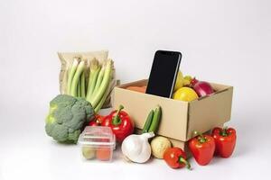 Smartphone mit Essen Lieferung Anwendung Über Tabelle mit frisch Lebensmittel isoliert auf Weiß Hintergrund, generieren ai foto
