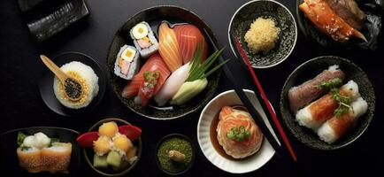 traditionell japanisch Essen Geschirr auf schwarz Hintergrund, generieren ai foto