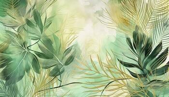 tropisch Laub Aquarell Hintergrund Vektor. Sommer- botanisch Design mit Gold Linie Kunst, Palme Blätter, Grün Aquarell Textur. Luxus tropisch Illustration zum Banner, generieren ai foto