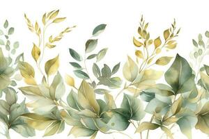 Aquarell nahtlos Rand - - Illustration mit Grün Gold Blätter und Geäst, zum Hochzeit stationär, Grüße, Tapeten, Mode, Hintergründe , generieren ai foto