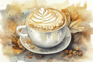 Hand gezeichnet Aquarell Kaffee mit Schokolade Kuchen, Cappuccino Tasse mit Untertasse, isoliert auf Weiß Hintergrund. köstlich Essen Illustration, generieren ai foto